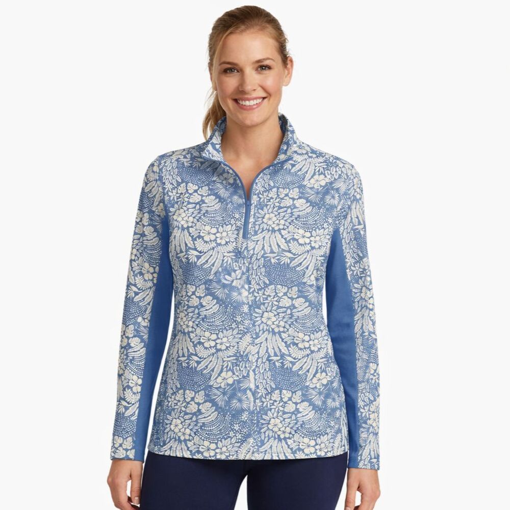 Tommy Bahama Everyday Active 1/4 Zip Womens XL Blue Tropical Mesh Sleeve UPF 50